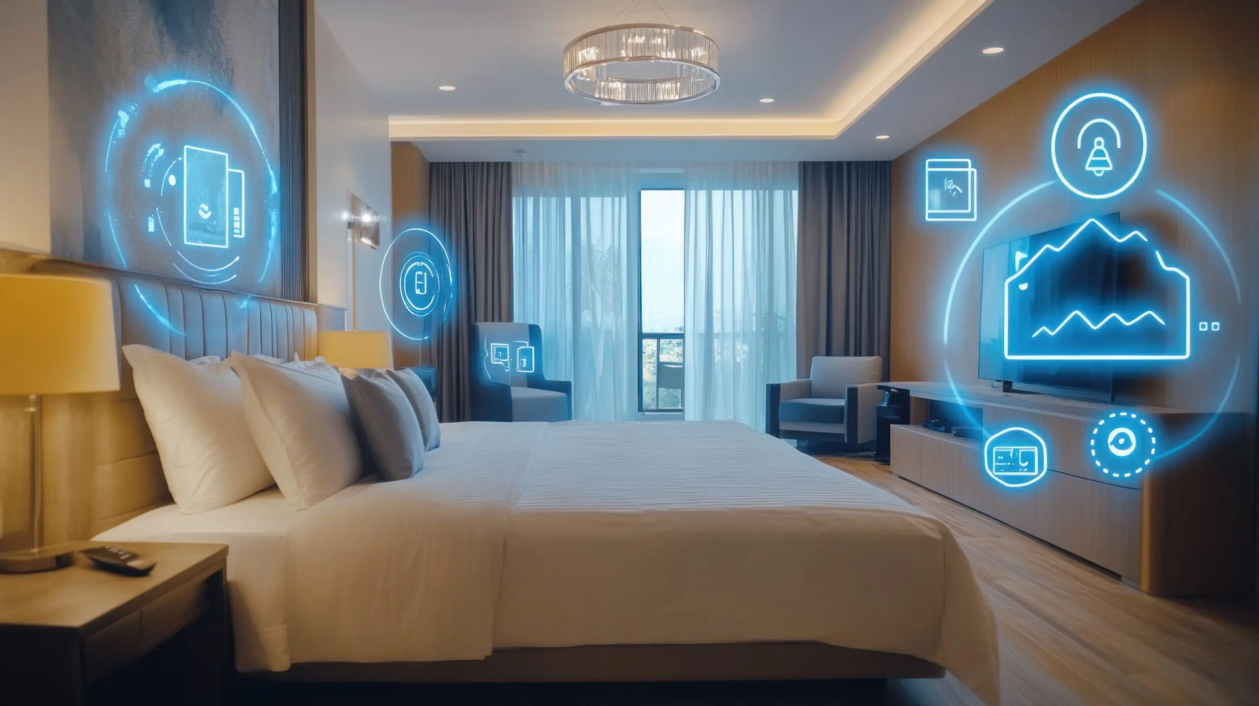 Smart hotel room with digital interface tecnologia in camera