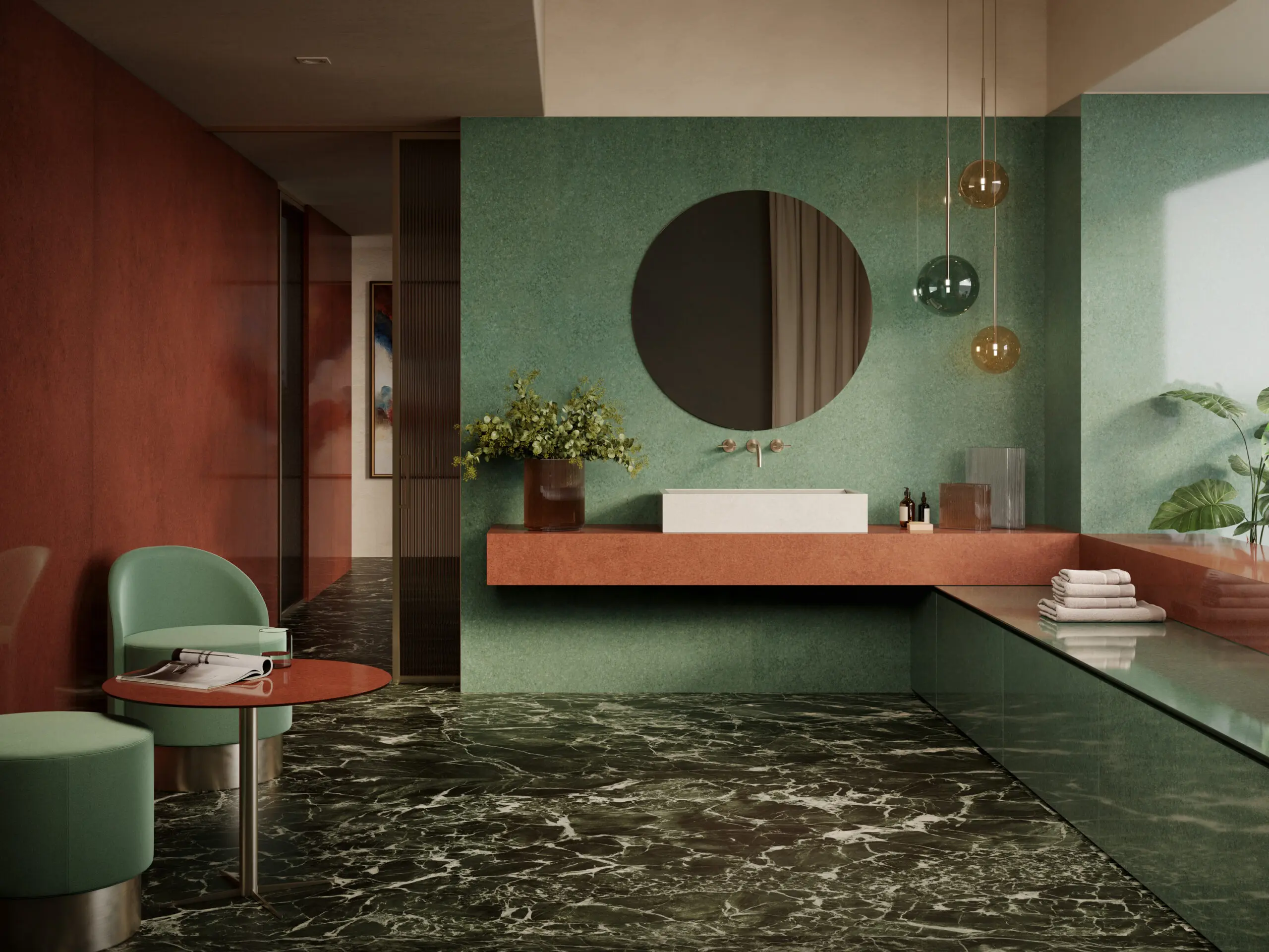 La collezione in gres porcellanato Grande Lume di Marazzi, caratterizzata da superfici con effetti cromatici intensi. Courtesy Marazzi