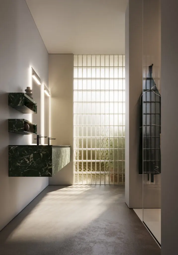 Cubik, Ideagroup è un mobile bagno con ante a bordi inclinati a 45° in finitura Verde Dolomite. Courtesy Ideagroup